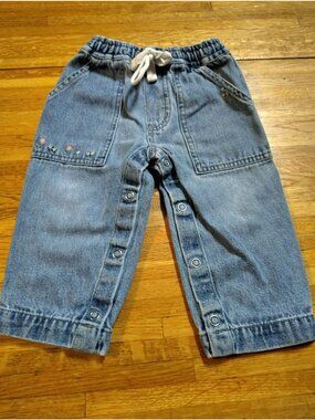 Vintage denim Cherokee baby girl pants snap leg floral pockets elastic 12 months